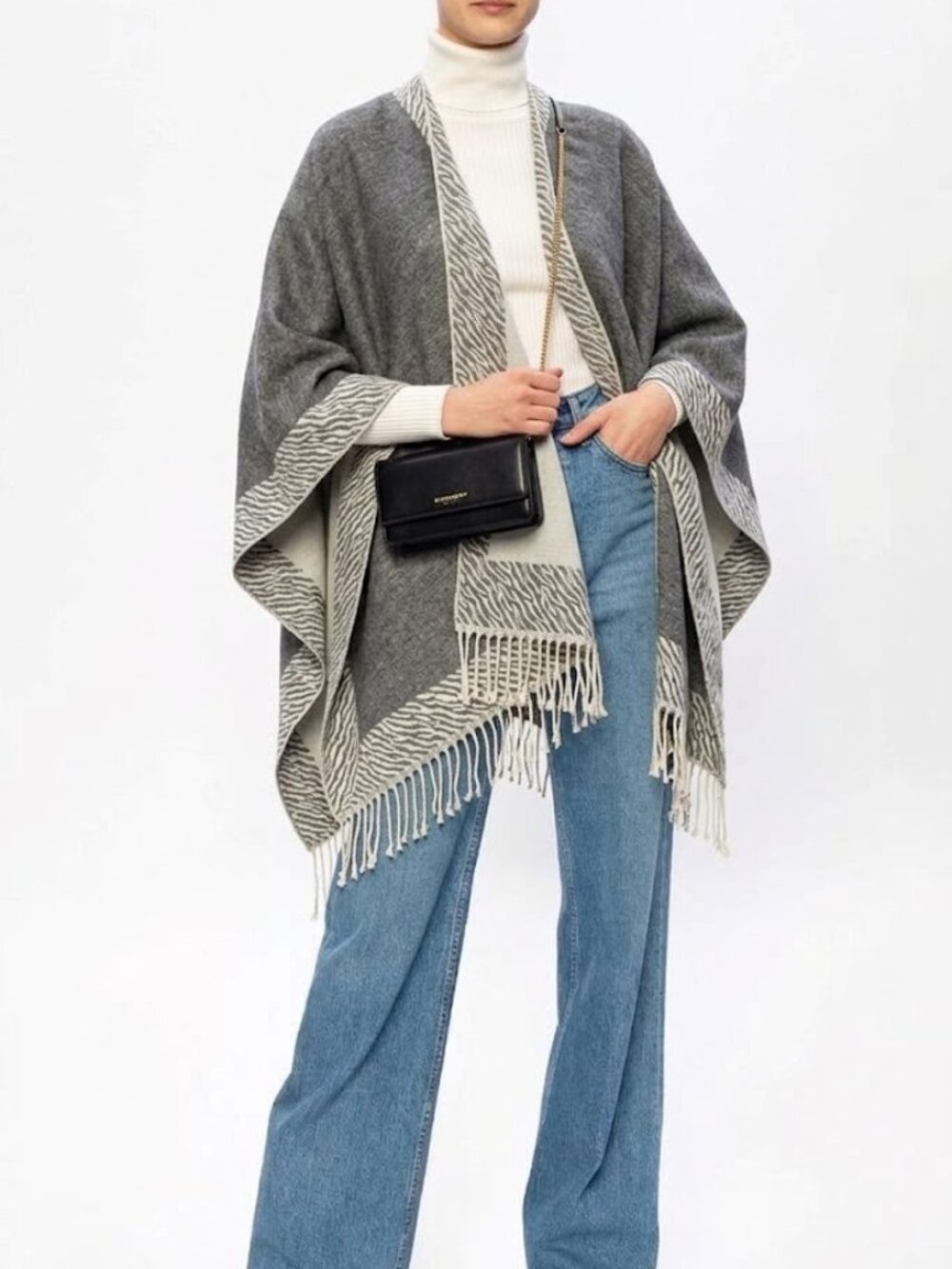 Women’s reversible wrap cape shawl cardigan poncho beige & gray one size